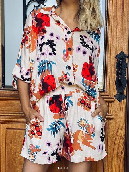 Loosen Shirt Collar Vacation Suits, Flower, Two-piece Outfits