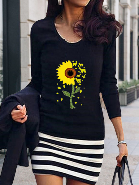 Floral Cotton Blends Casual Dresses, Black, Mini Dresses