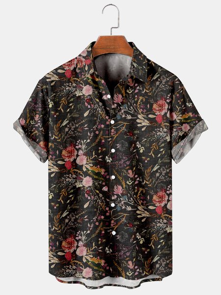 Mens Retro Floral Print Casual Breathable Short-Sleeved Shirt, As picture, Men's Floral shirt