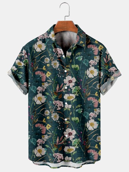 Mens Retro Floral Print Casual Breathable Short-Sleeved Shirt, Darkgreen, Men's Floral shirt