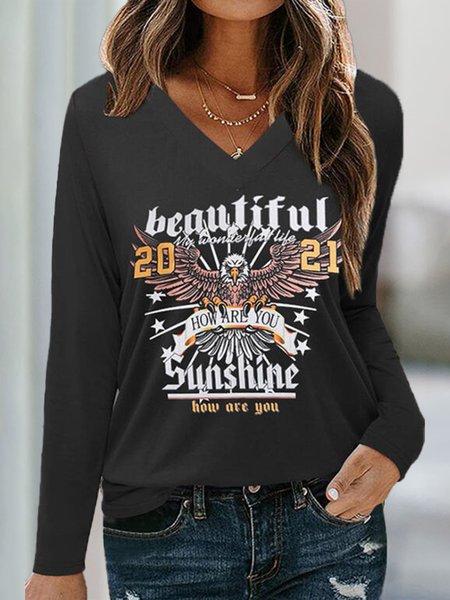 V neck Regular Fit Casual Letter Shirts & Tops, Black, Tops