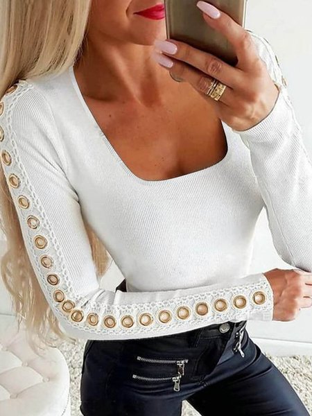 Long sleeved U-neck plain color patterned metal lace fit high elastic top T-shirt Plus Size, White, Tops
Long sleeved U-neck plain color patterned metal lace fit high elastic top T-shirt Plus Size, White, Tops