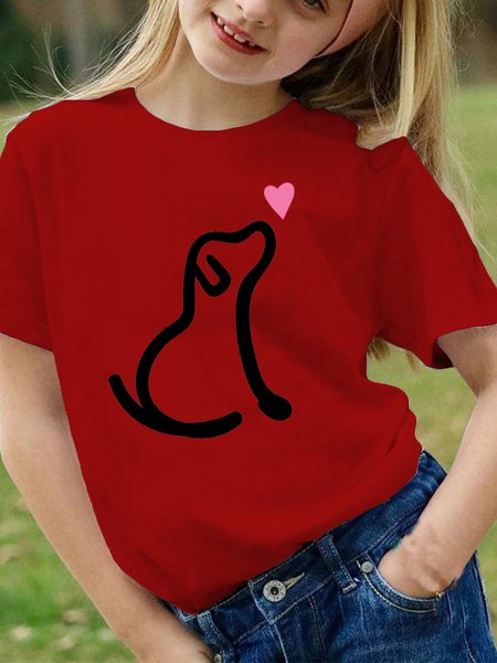 Unisex Dog Print Cotton Children's T-shirt, Red, Kids