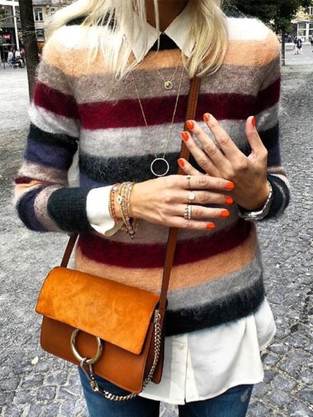 Casual Striped Crew Neck Long Sleeve Sweater, Multicolor, Knitwear & Sweaters