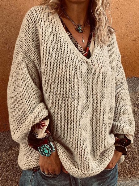 Casual V neck Loosen Solid Loosen Sweater, Khaki, Knitwear & Sweaters