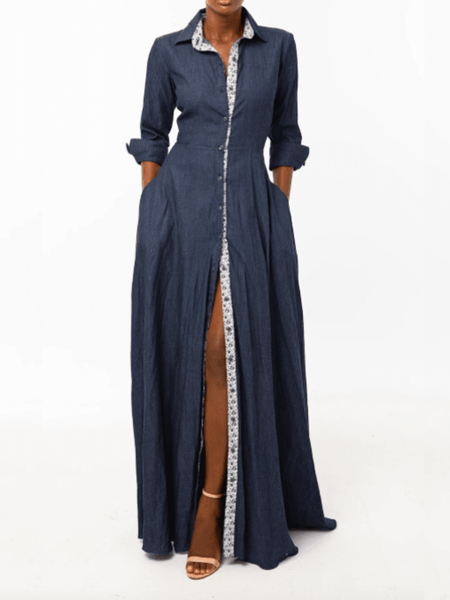 Spring A-line Shirt Collar Daily Three Quarter Daily Dress, Denim blue, Maxi Dresses
Spring A-line Shirt Collar Daily Three Quarter Daily Dress, Denim blue, Maxi Dresses