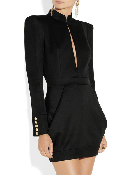Stand Collar Elegant Solid Black Dress, Mini Dresses