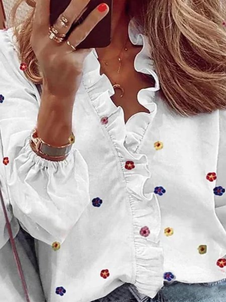 V Neck Loosen Vacation Shirts & Tops, White, Shirts & Blouses