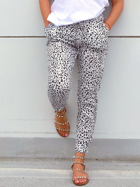 Casual Leopard Print Elastic Waist Pocket Pants, White, Pants