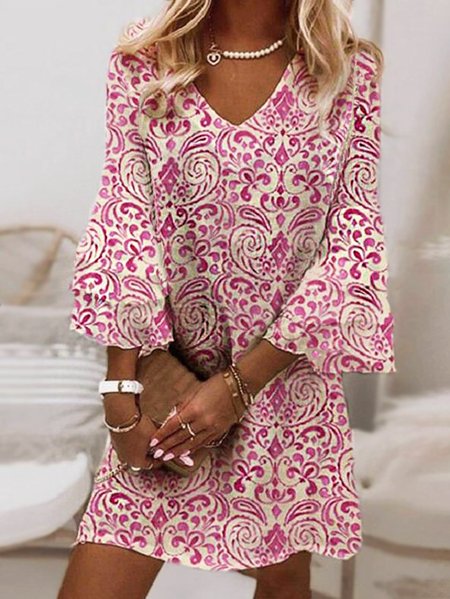 Flare Sleeve Floral Vacation Dresses, Pink, Mini Dresses