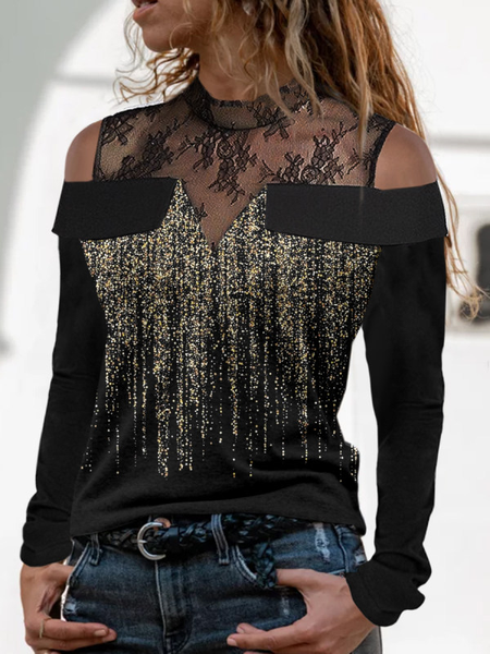 Cotton Blends Stand Collar Shirts & Tops, Black, Tops