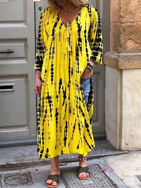 Casual Tie Dye V neck Long Sleeve Dresses, Yellow, Maxi Dresses