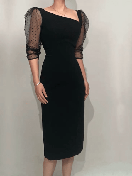 Spring Asymmetrical Neck Three Quarter Little Black Dress, Midi Dresses