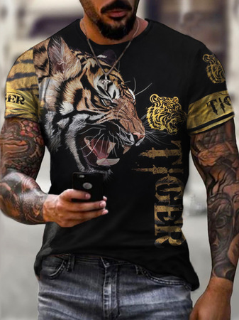 Men's animal graphic print round neck short-sleeved Tee, Black, T-shirt