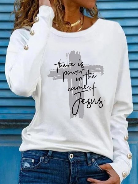 Crew Neck Simple Buttoned Faith Letters Shirts & Tops, White, Tops