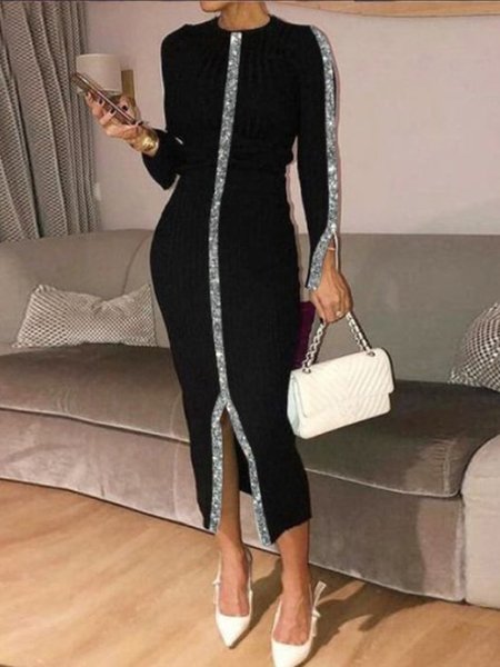 Round neck silver embellished tight-fitting hip-length long-sleeved dress, Black, Formal Dresses
Round neck silver embellished tight-fitting hip-length long-sleeved dress, Black, Formal Dresses