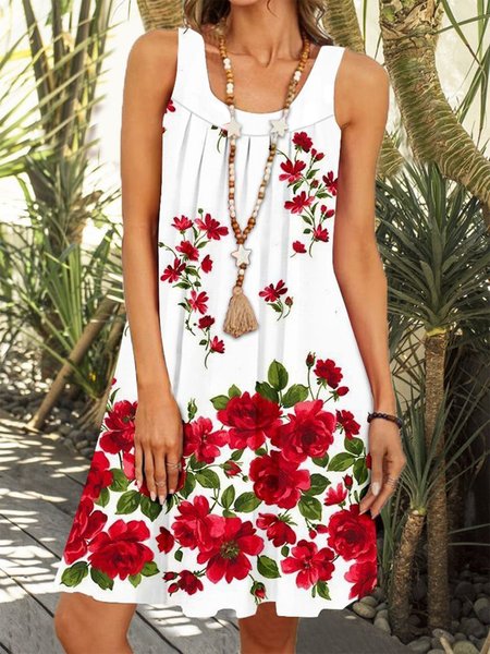 Crew Neck Vacation Floral Dresses, Red, Mini Dresses