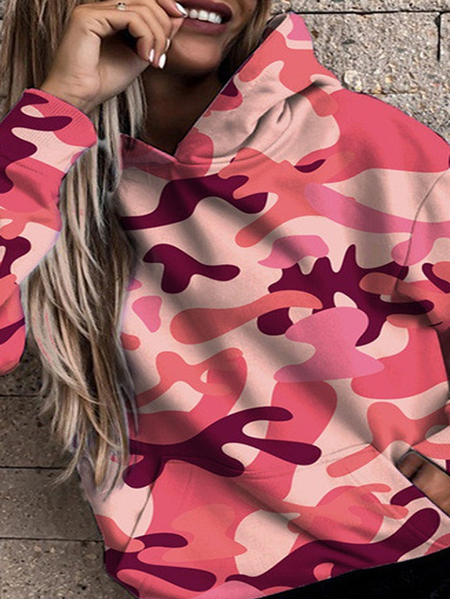 Cotton Blends Hooded Casual Sweatshirt, Pink, Sweatshirts & Hoodies