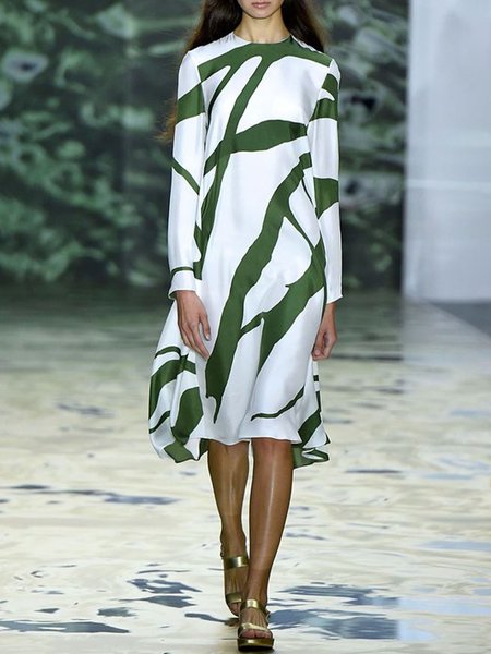 Loosen Elegant Crew Neck Midi Dress, Green, Midi Dresses