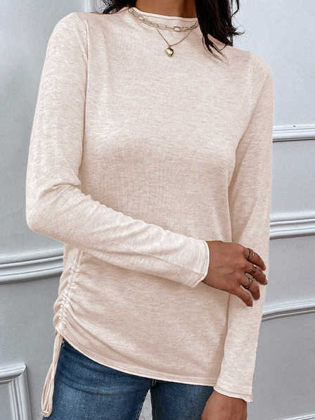Half High Collar Solid Color Long-sleeved T-shirt, Apricot, Tops