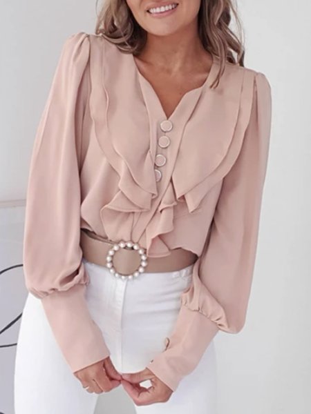 Daily Buttoned V Neck Solid Flouncing Top, Pink, Tops 
Daily Buttoned V Neck Solid Flouncing Top, Pink, Tops