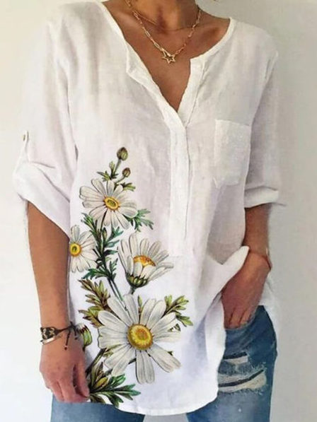 Casual Cotton Blends Floral Shirts & Tops, White, Tops