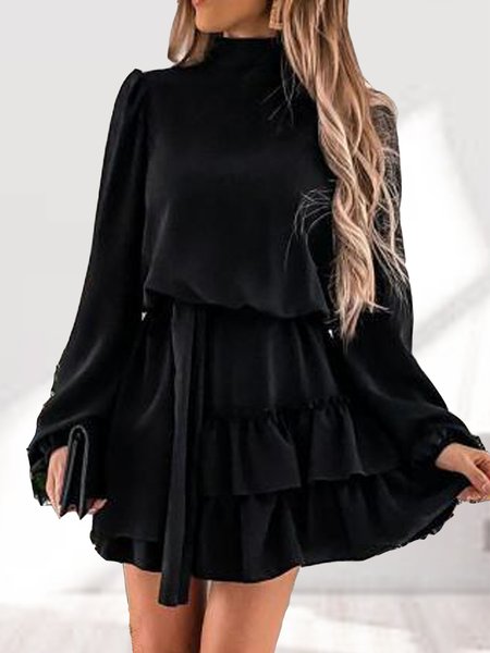 Stand Collar Cotton Blends Buttoned Weaving Dress, Black, Mini Dresses