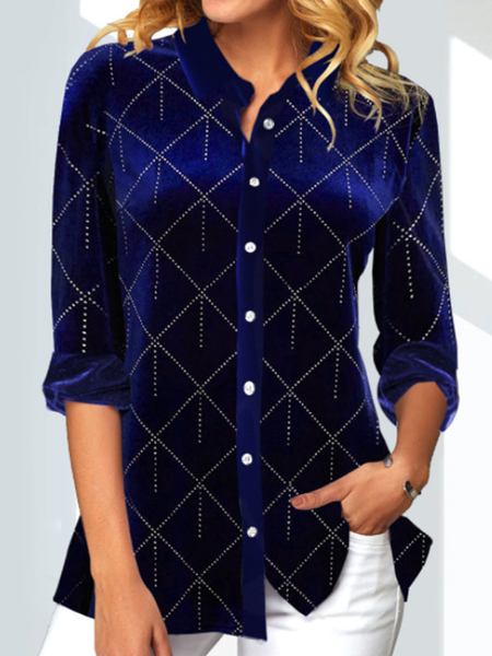 Lapel Single-breasted Velvet Long-sleeved Blouse, Blue, Shirts & Blouses