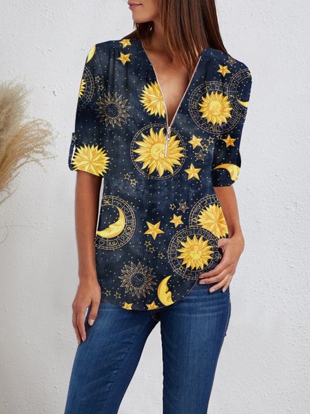 Sun, moon, stars, sun and stars print V-neck zipper casual 3/4 cuff design ladies top, Multicolor, Tops
Sun, moon, stars, sun and stars print V-neck zipper casual 3/4 cuff design ladies top, Multicolor, Tops