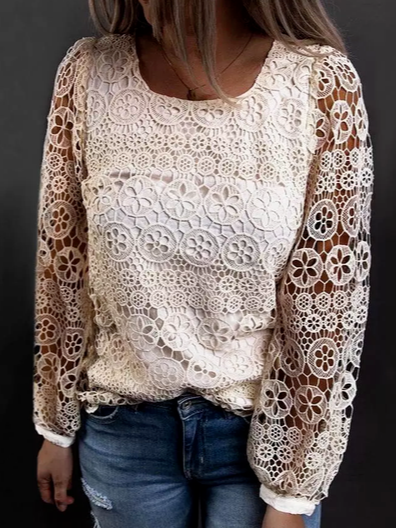 lace Cotton Blends Elegant Shirts & Tops, White, Tops