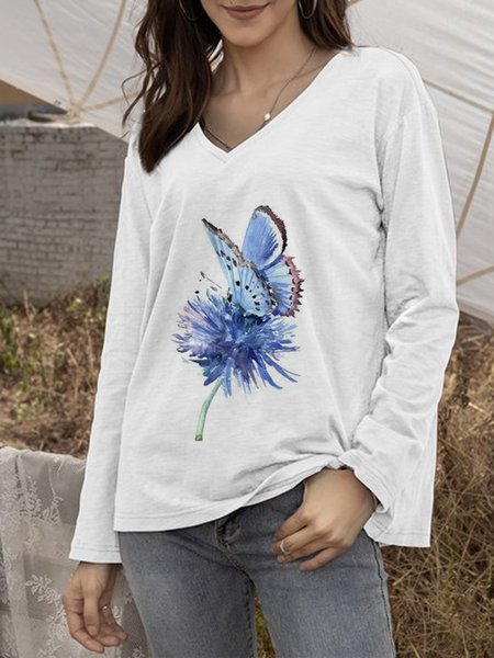 Floral Butterfly Printed V Neck Casual Long Sleeve Loosen Shirts & Tops, White, Blouses & Shirts