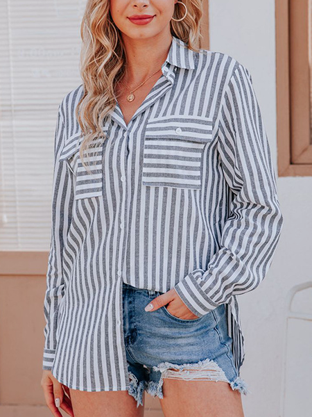Striped Casual Shirt Collar Shirts & Tops, Gray, Blouses & Shirts