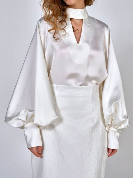 Stand Collar Elegant Bishop Sleeve Top, White, Blouses and Shirts