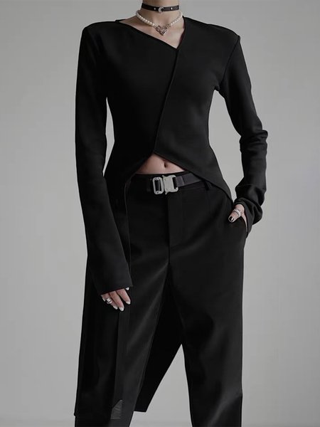 Daily Long Sleeve Asymmetrical Neck Top, Black, Tops