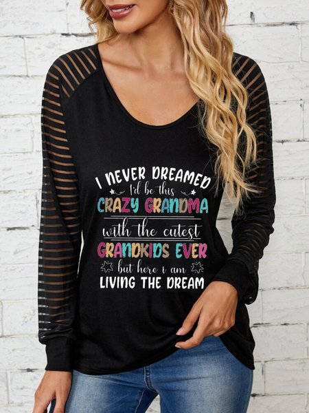 Casual Long Sleeve Round Neck Plus Size Printed Tops T-shirts, Black, T-Shirts
