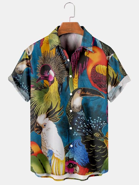 

Mens Tropical Toco Toucan Parrots Print Casual Breathable Chest Pocket Short Sleeve Hawaiian Shirts, Blue, Shirts ＆ Blouse