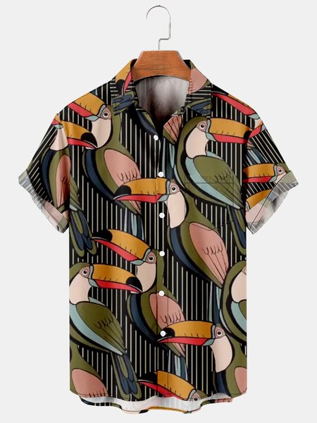 

Mens Toco Toucan Parrots Print Casual Breathable Chest Pocket Short Sleeve Hawaiian Shirts, Black, Shirts ＆ Blouse