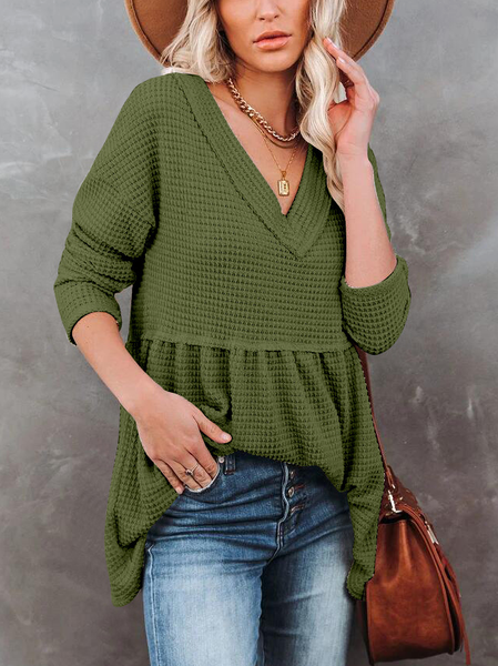 Casual V Neck Plain Shirts & Tops, Olive green, Long sleeve tops