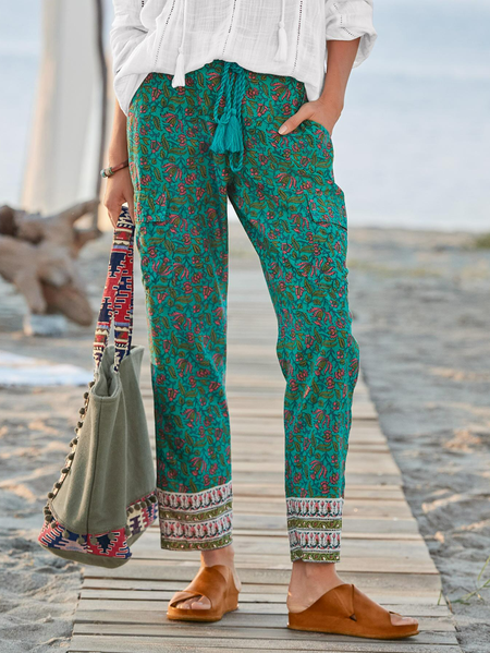 Floral Cotton Blends Vacation Pants, Green, Pants