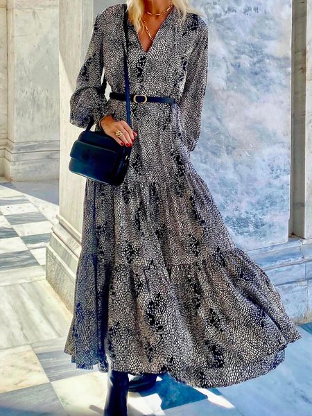 V-neck long sleeve polka dot print casual dress, As picture, Maxi Dresses