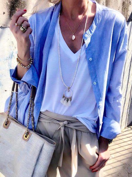 Crew Neck Casual Shirts & Tops, Blue, Blouses & Shirts