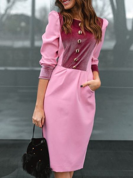 Regular Fit Elegant Crew Neck Daily Dress, Pink, Midi Dresses
