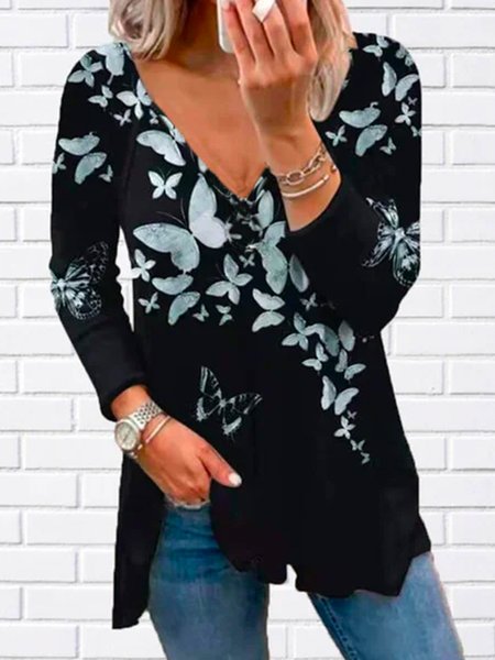 V Neck Butterfly Tops, Black, Tops
