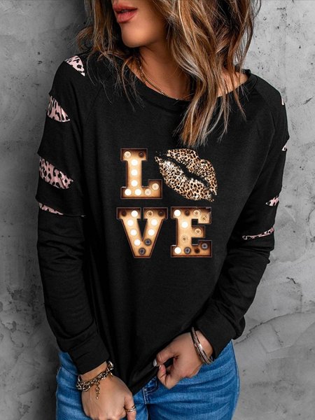 Long Sleeve Letter Casual Round Neck Shirts & Tops, Black, Tops
