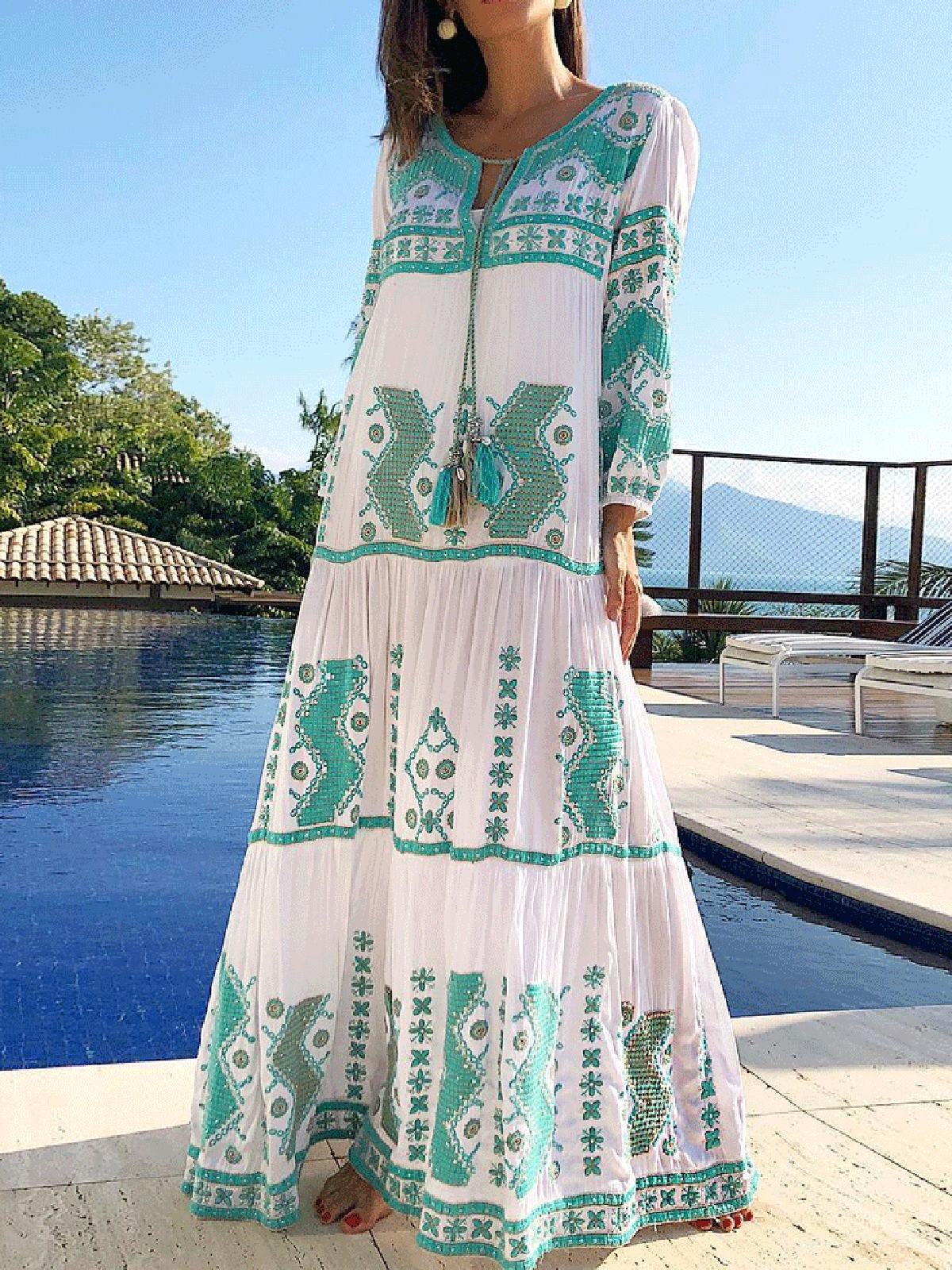 Geometric Printed Round Neck Tie Vacation Casual Maxi Dresses, Green, Maxi Dresses
Geometric Printed Round Neck Tie Vacation Casual Maxi Dresses, Green, Maxi Dresses