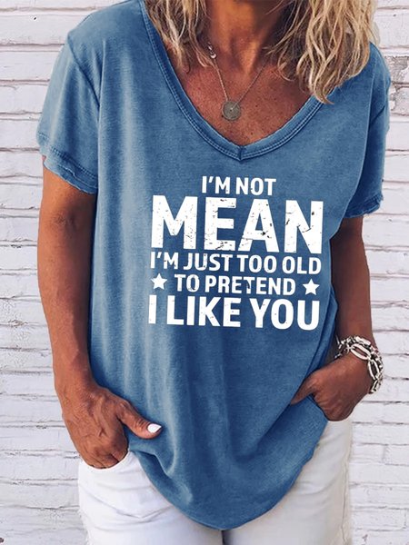 Funny text print v-neck short sleeve T-shirt, Blue, T-shirts