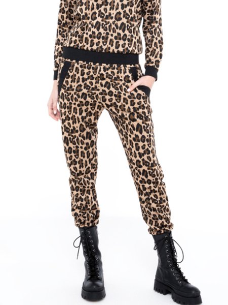 Casual Regular Fit Leopard Pants, Skinny Leg Pants