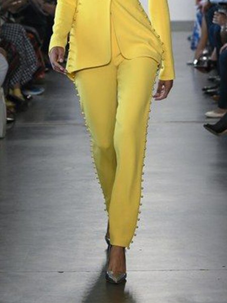 Elegant Regular Fit Solid Long Pants, Yellow, Straight Leg Pants