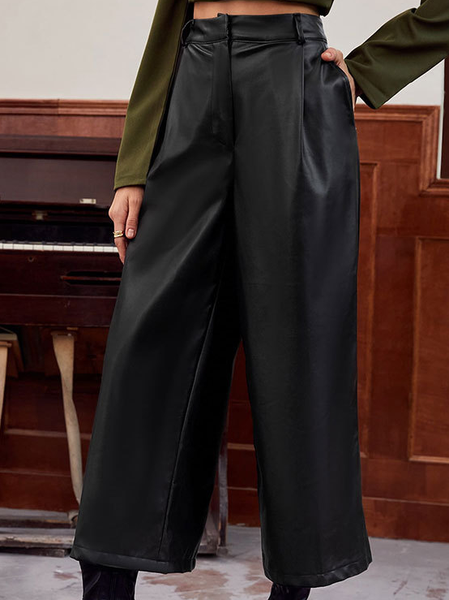 Casual Plain Leather Pants, Black, Pants