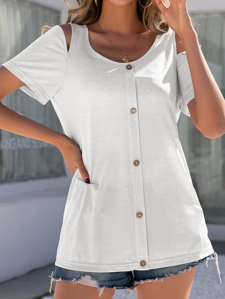 Crew Neck Plain Casual Tops, White, Tops